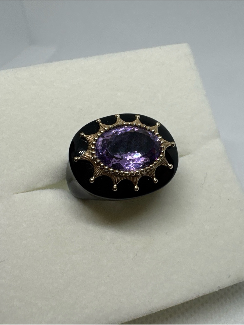 Black Onyx 14K Yellow Gold Oval Purple Amethyst Ring Size 6 Statement Piece